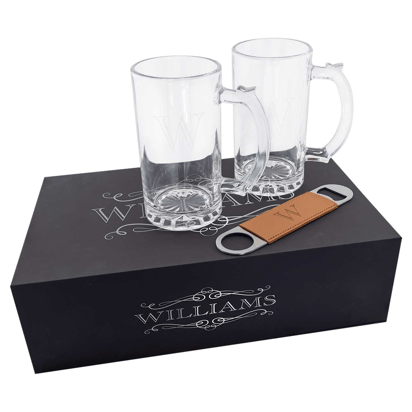 LazerBurst Beer Set with Two 14 oz. Mugs and One Rawhide Laserable Leatherette Bottle Opener-Black Lazerburst Lasers to Silver (Sold by Case of 4)