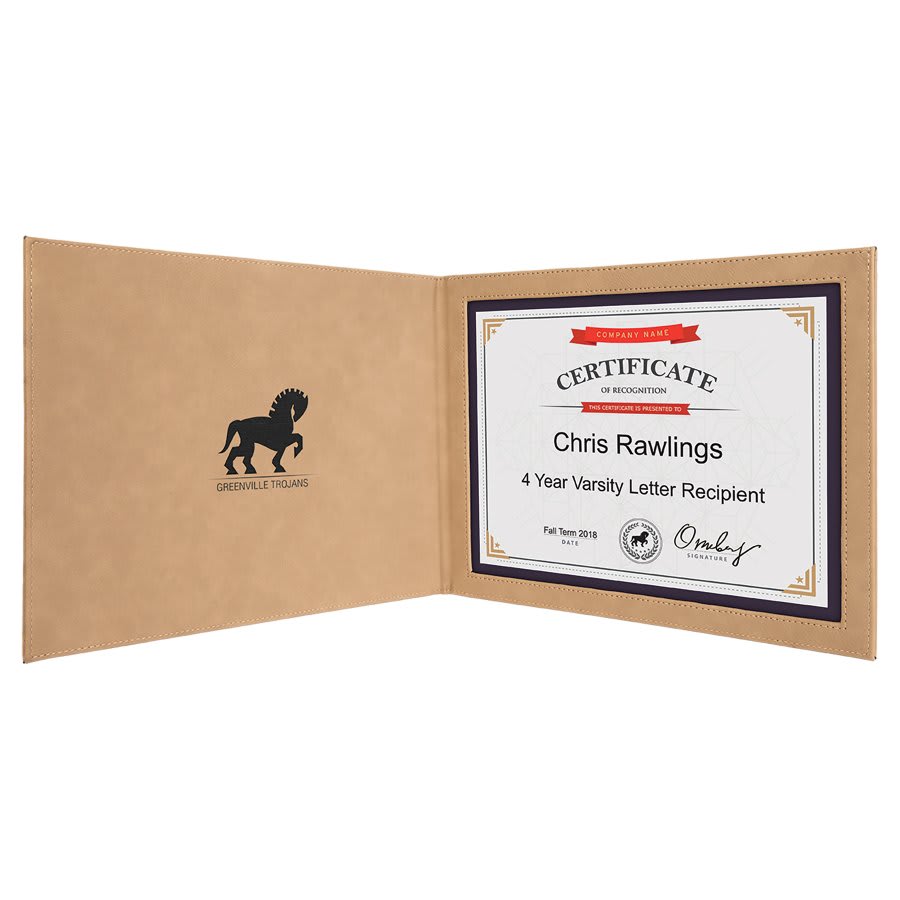 9" x 12" Light Brown Laserable Leatherette Certificate Holder for 8 1/2" x 11 (Sold by Case of 6)