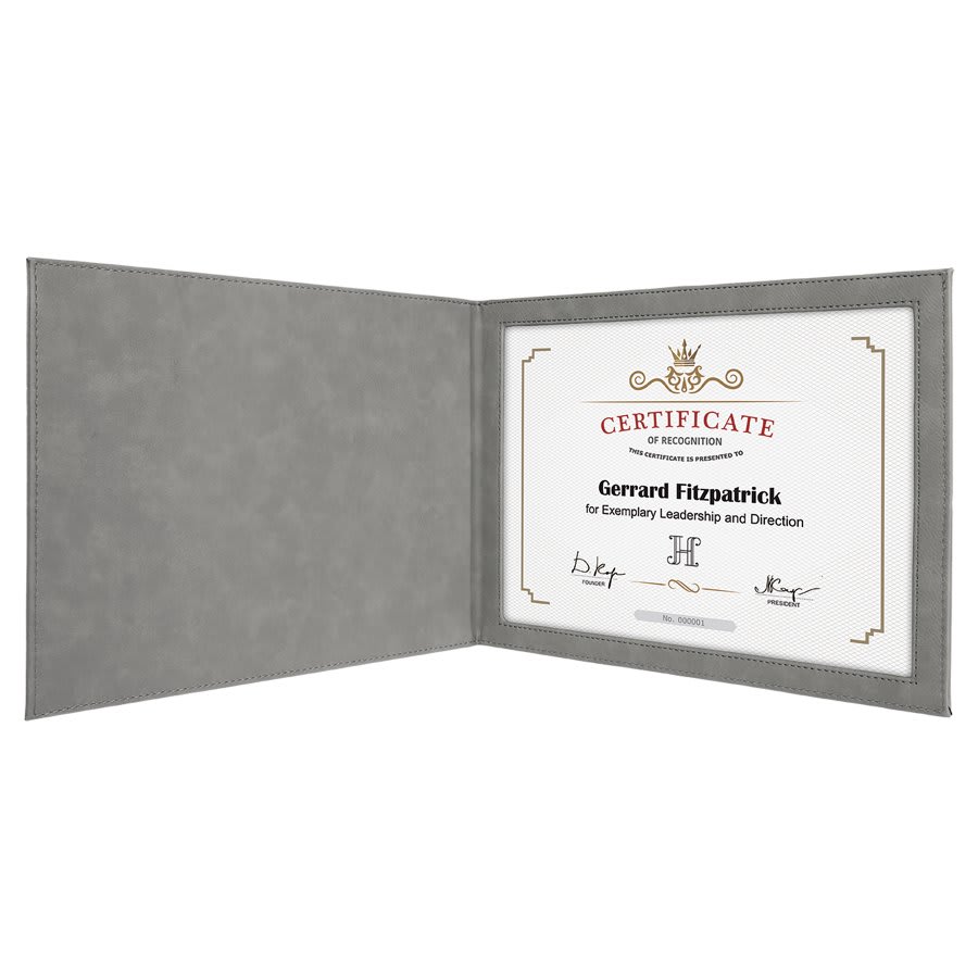 9" x 12" Gray Laserable Leatherette Certificate Holder for 8 1/2" x 11" (Sold by Case of 6)