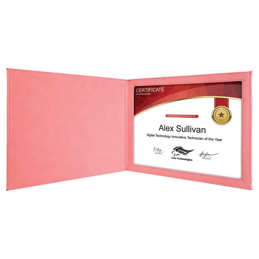 9" x 12" Pink Laserable Leatherette Certificate Holder for 8 1/2" x 11" (Sold by Case of 6)