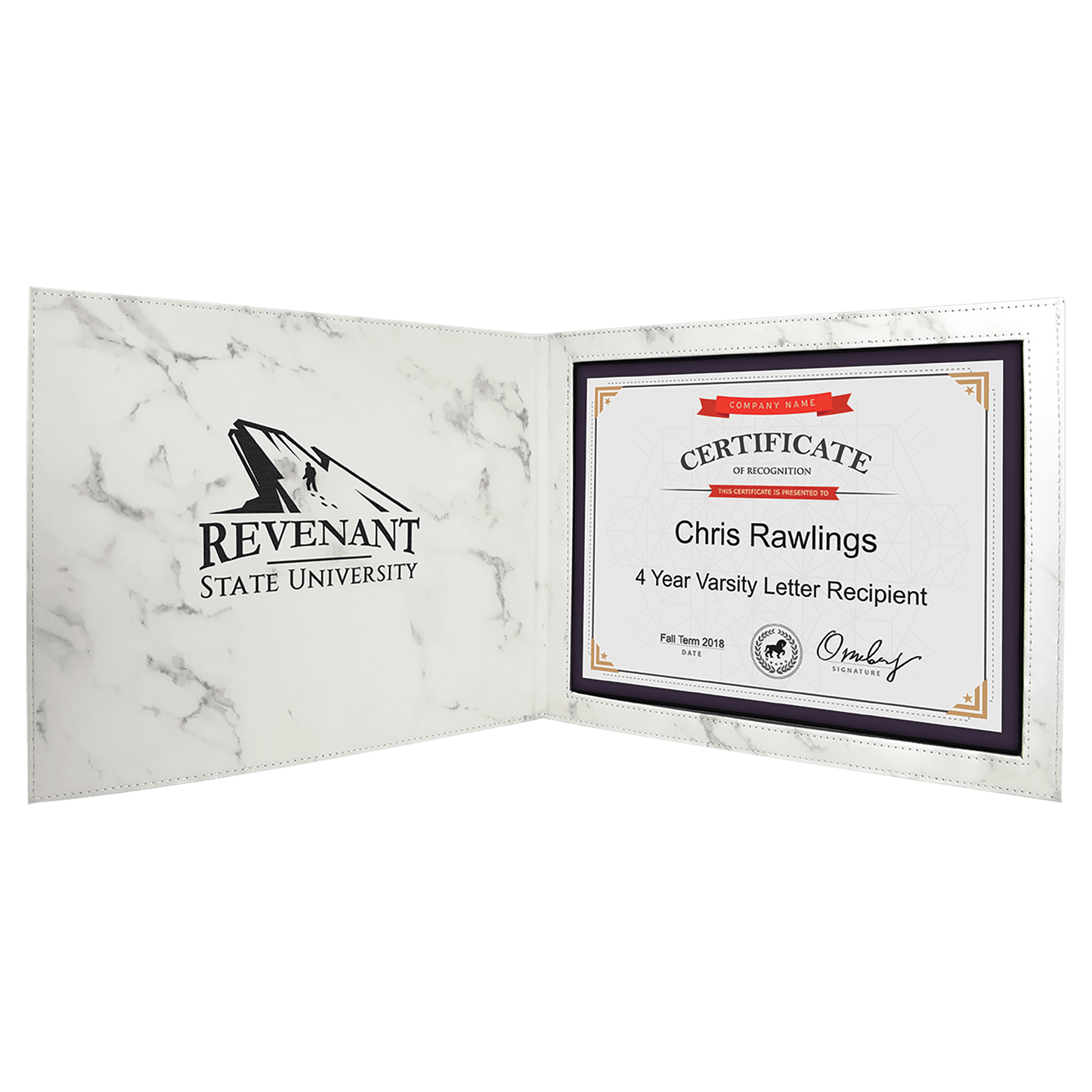 9" x 12" White Marble Laserable Leatherette Certificate Holder for 8 1/2" x 11" (Sold by Case of 6)
