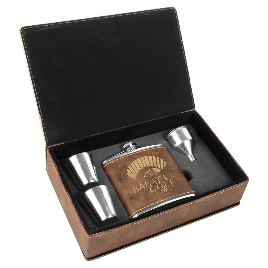 6 oz. Rustic/Gold Laserable Leatherette Flask Gift Set (Sold by Case of 6)