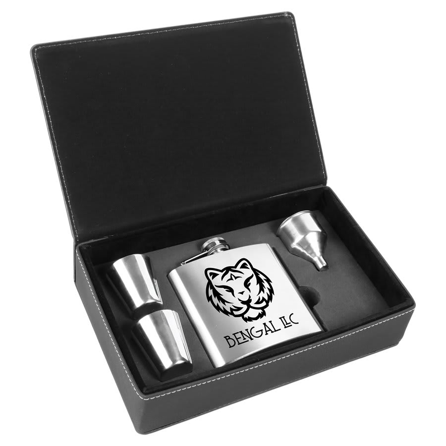 6 oz. Stainless Steel Flask Set in Black/Silver Laserable Leatherette Box (Sold by Case of 6)