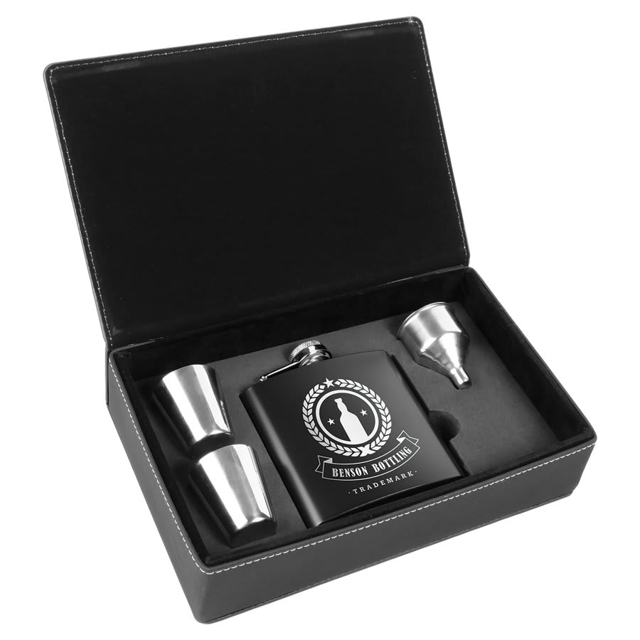 6 oz. Black Stainless Steel Flask Set in Black/Silver Laserable Leatherette Box (Sold by Case of 6)