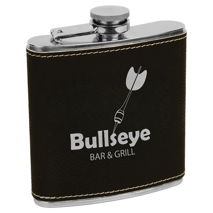 6 oz. Black/Silver Laserable Leatherette Stainless Steel Flask (Sold by Case of 10)