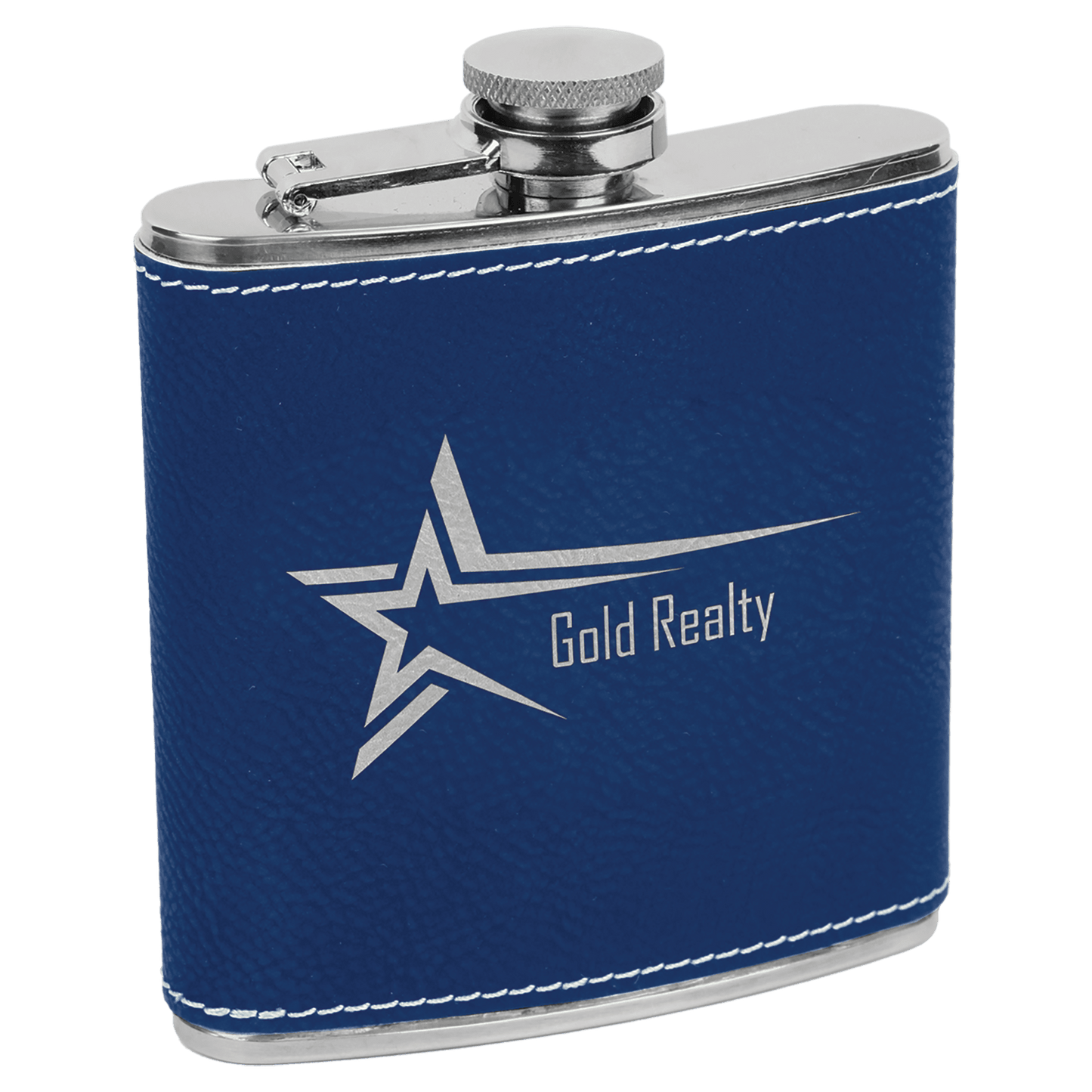 6 oz. Blue/Silver Laserable Leatherette Stainless Steel Flask (Sold by Case of 10)