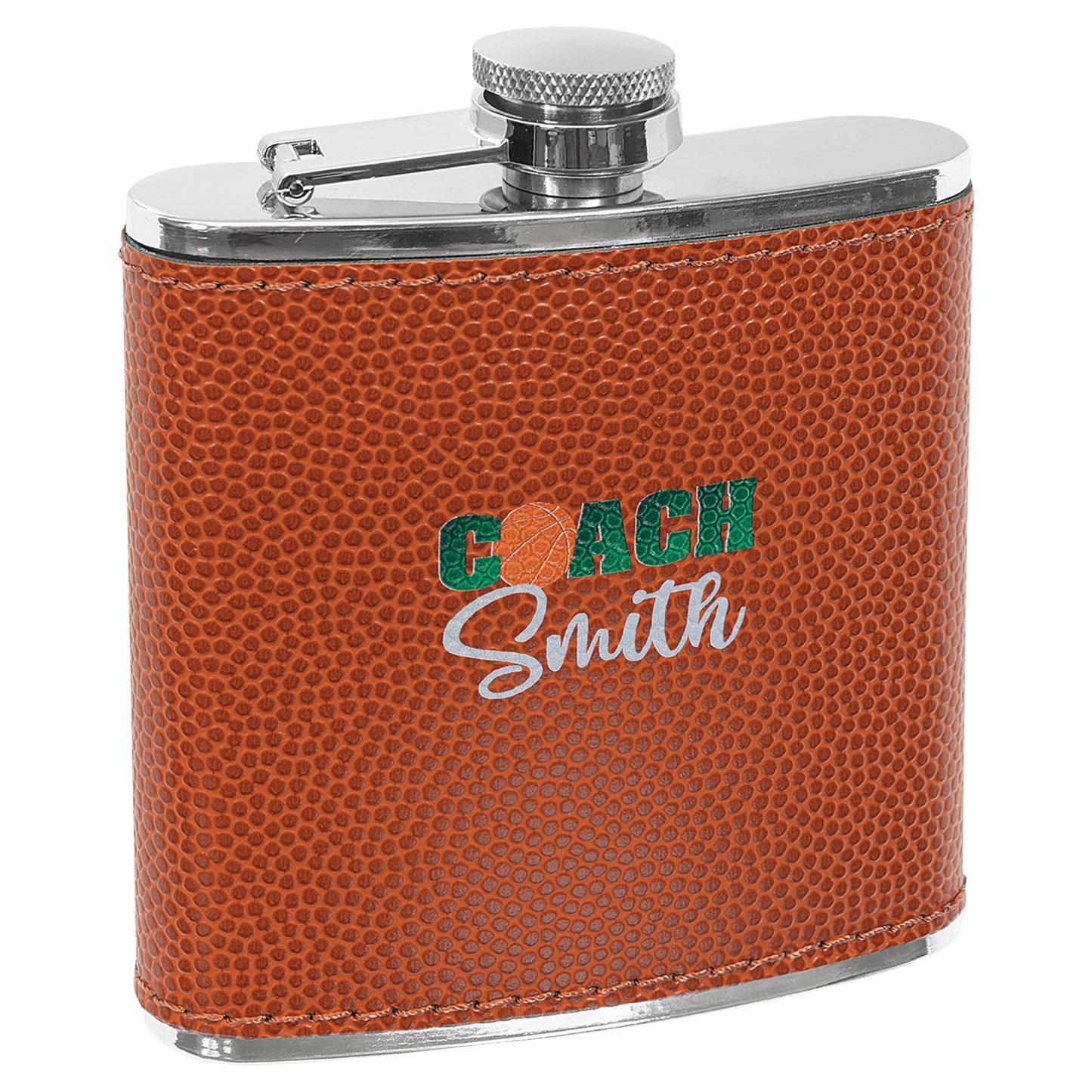 6 oz. Basketball Laserable Leatherette Stainless Steel Flask (Sold by Case of 10)