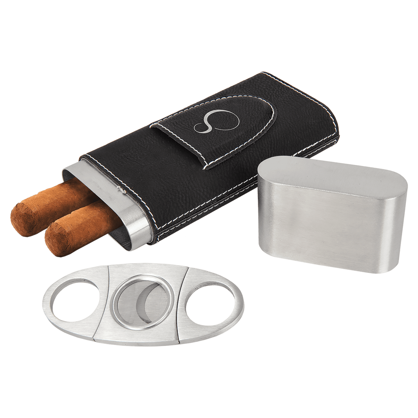 Black/Silver Laserable Leatherette Cigar Case with Cutter (Sold by Case of 6)