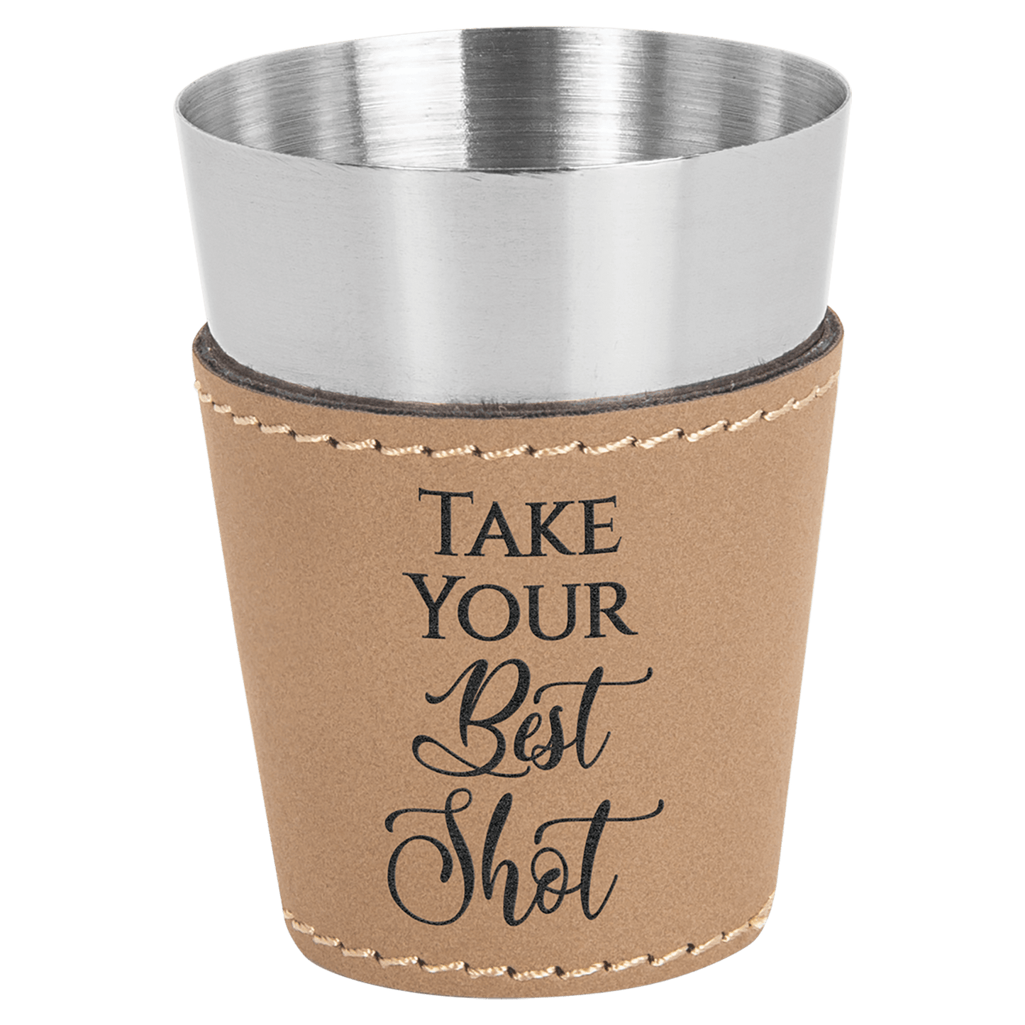 2 oz. Light Brown Laserable Leatherette & Stainless Steel Shot Glass (Sold by Case of 25)
