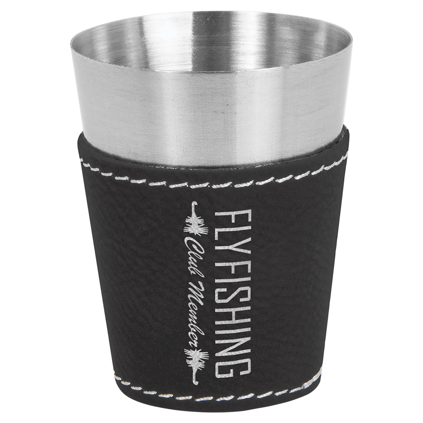 2 oz. Black/Silver Laserable Leatherette & Stainless Steel Shot Glass (Sold by Case of 25)