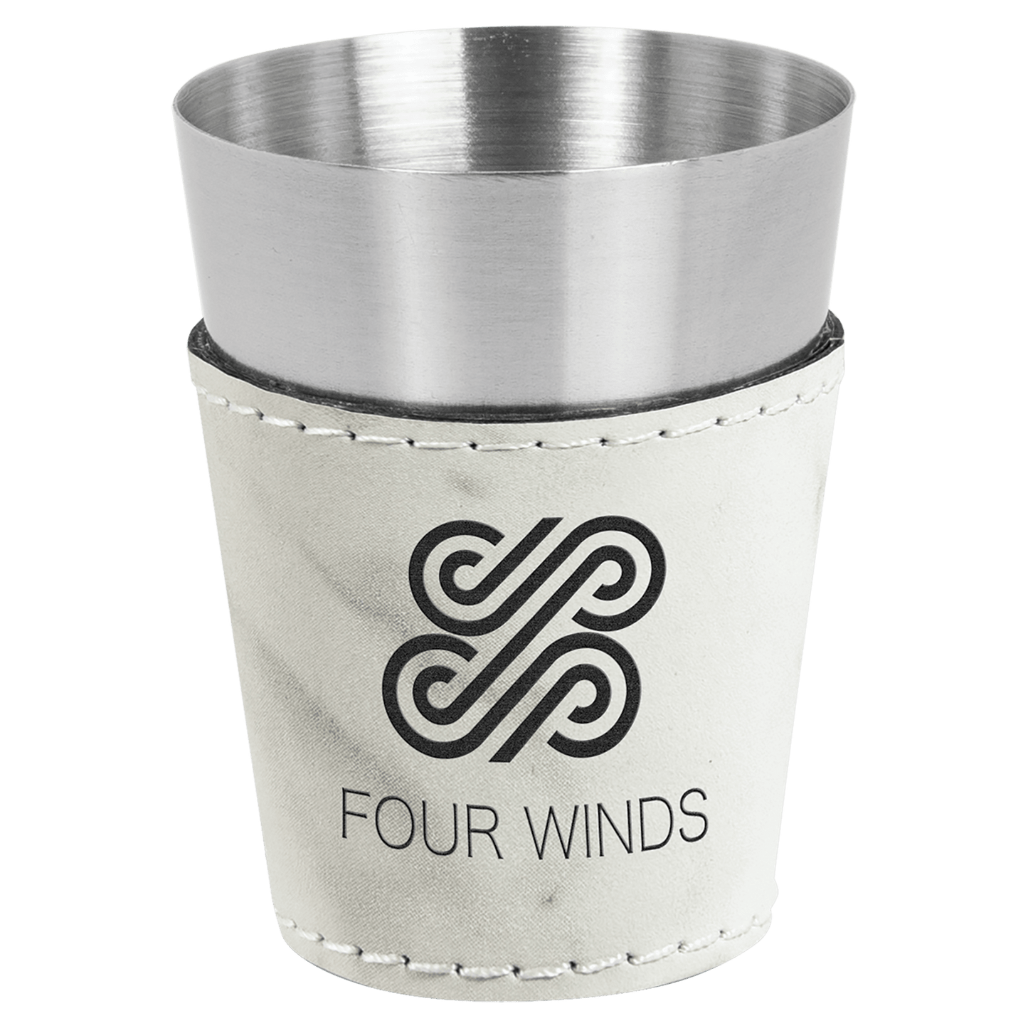 2 oz. White Marble Laserable Leatherette & Stainless Steel Shot Glass (Sold by Case of 25)