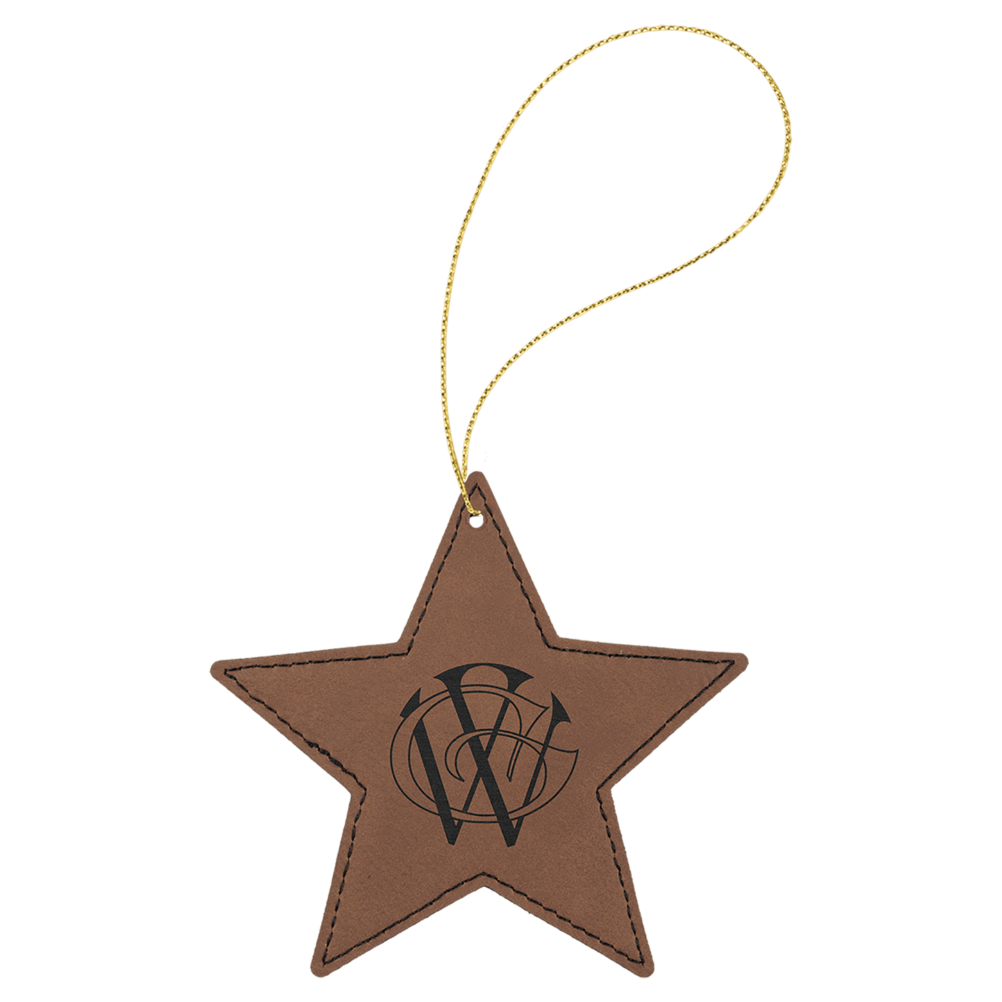 Dark Brown Laserable Leatherette Star Ornament with Gold String (Sold by Case of 25)