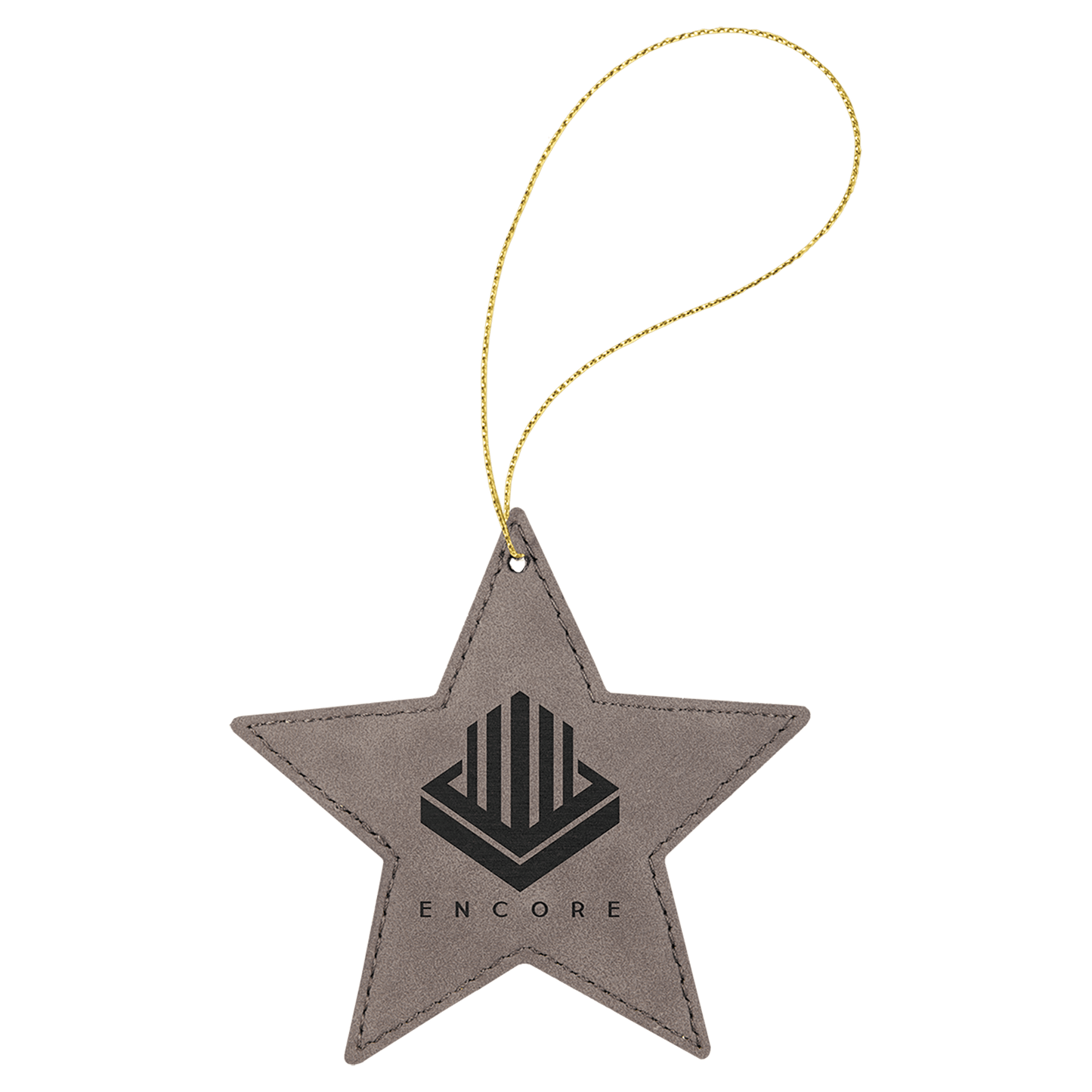 Gray Laserable Leatherette Star Ornament with Gold String (Sold by Case of 25)
