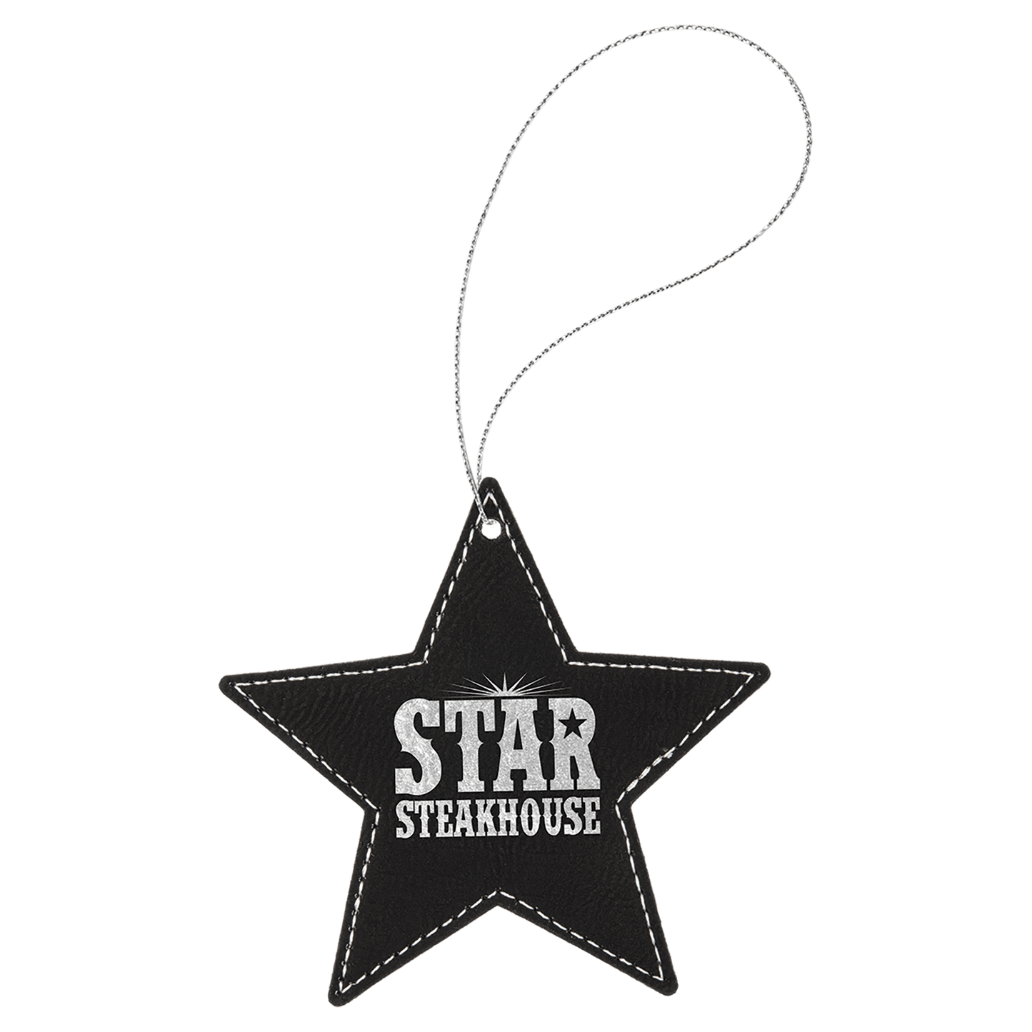 Black/Silver Laserable Leatherette Star Ornament with Silver String (Sold by Case of 25)