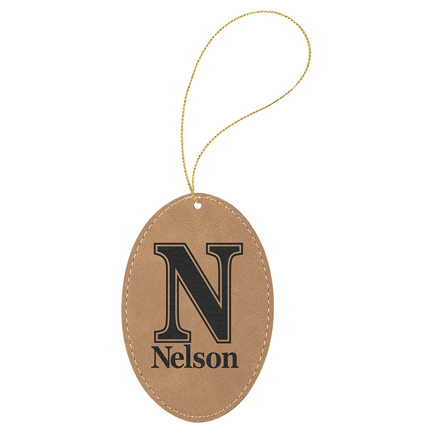 Light Brown Laserable Leatherette Oval Ornament with Gold String (Sold by Case of 25)