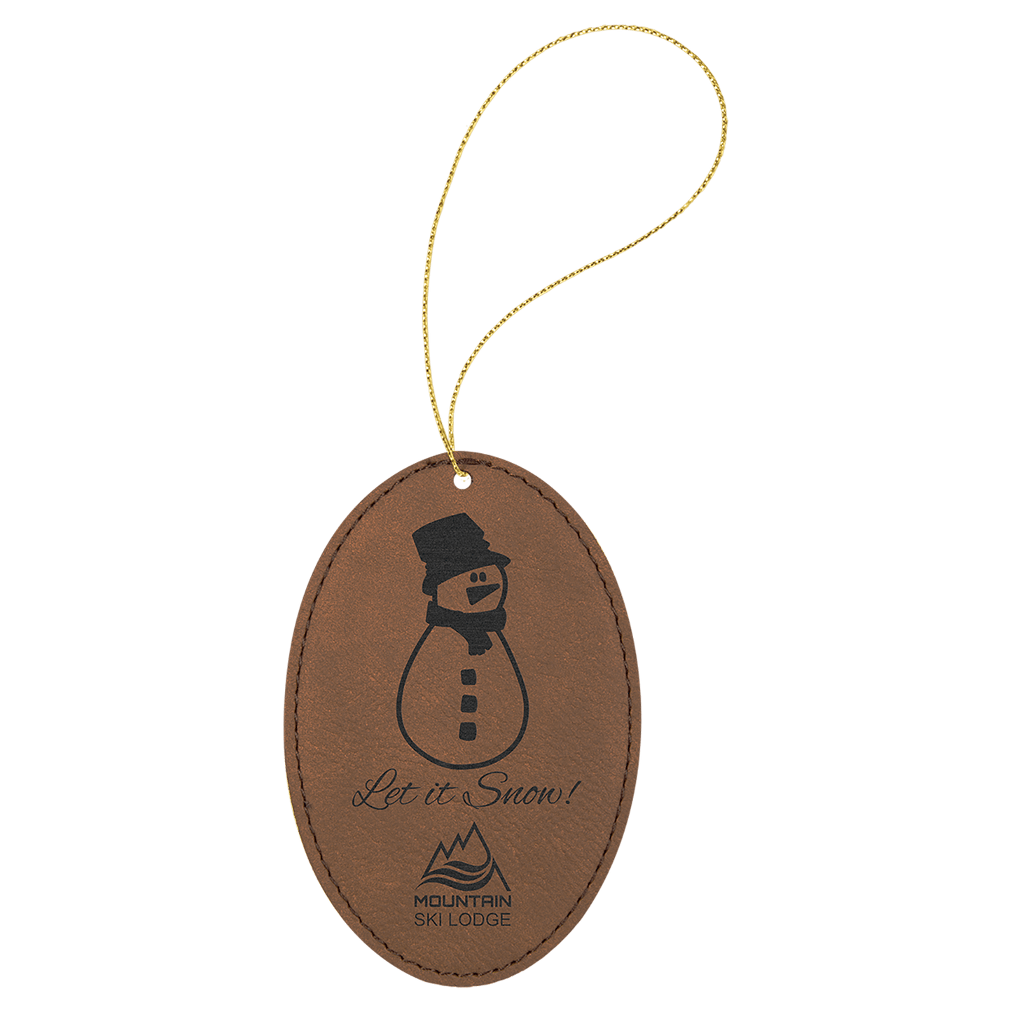 Dark Brown Laserable Leatherette Oval Ornament with Gold String (Sold by Case of 25)