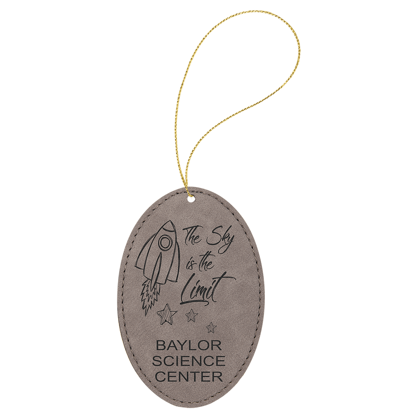 Gray Laserable Leatherette Oval Ornament with Gold String (Sold by Case of 25)