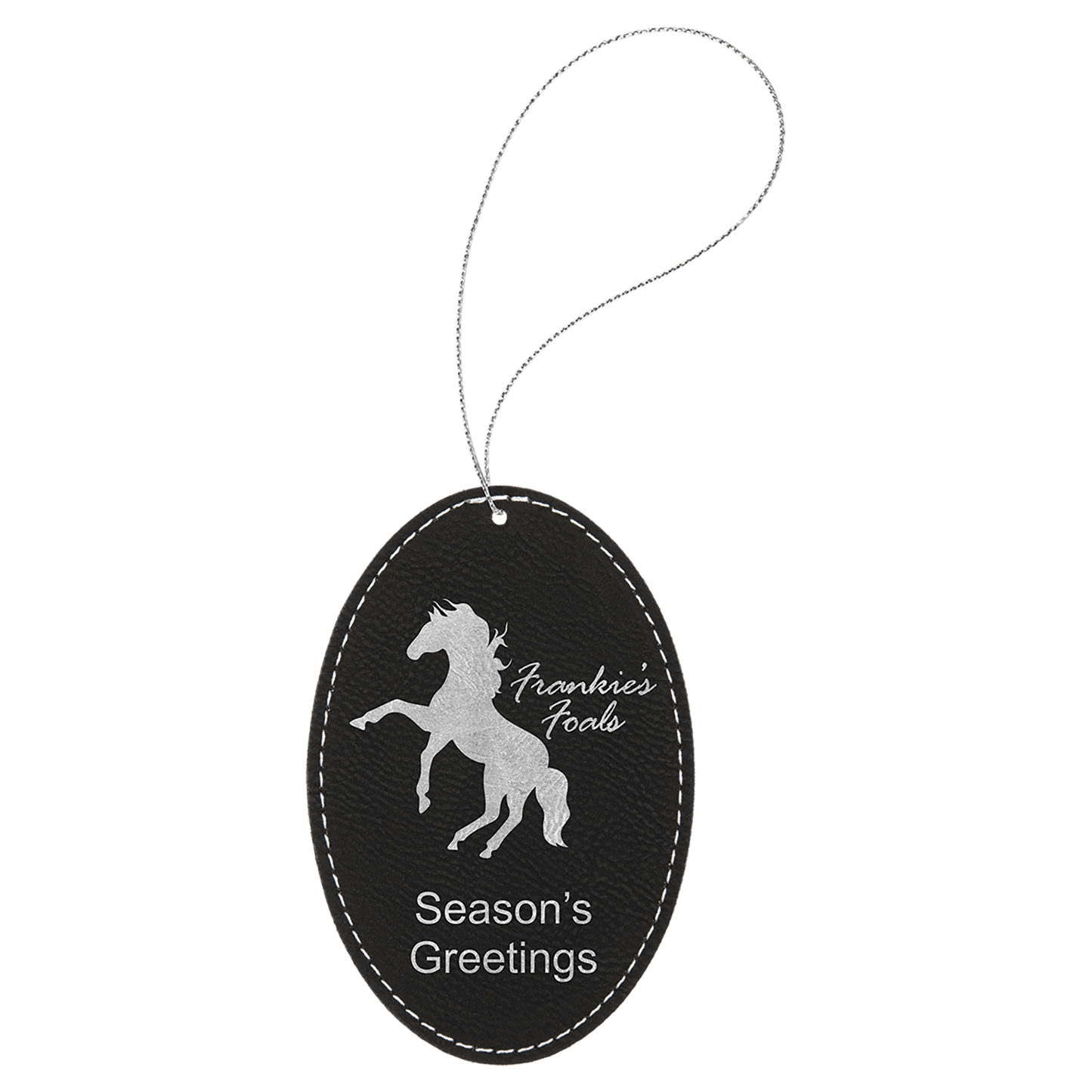 Black/Silver Laserable Leatherette Oval Ornament with Silver String (Sold by Case of 25)
