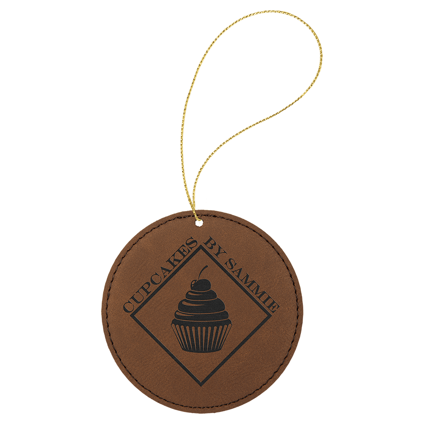 Dark Brown Laserable Leatherette Round Ornament with Gold String (Sold by Case of 25)