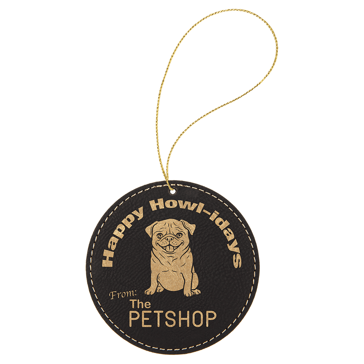 Black/Gold Laserable Leatherette Round Ornament with Gold String (Sold by Case of 25)