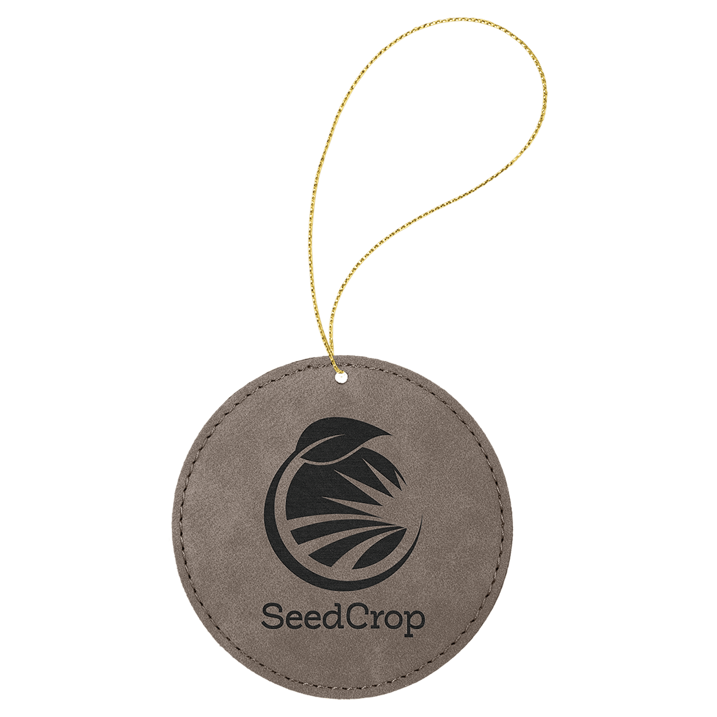 Gray Laserable Leatherette Round Ornament with Gold String (Sold by Case of 25)