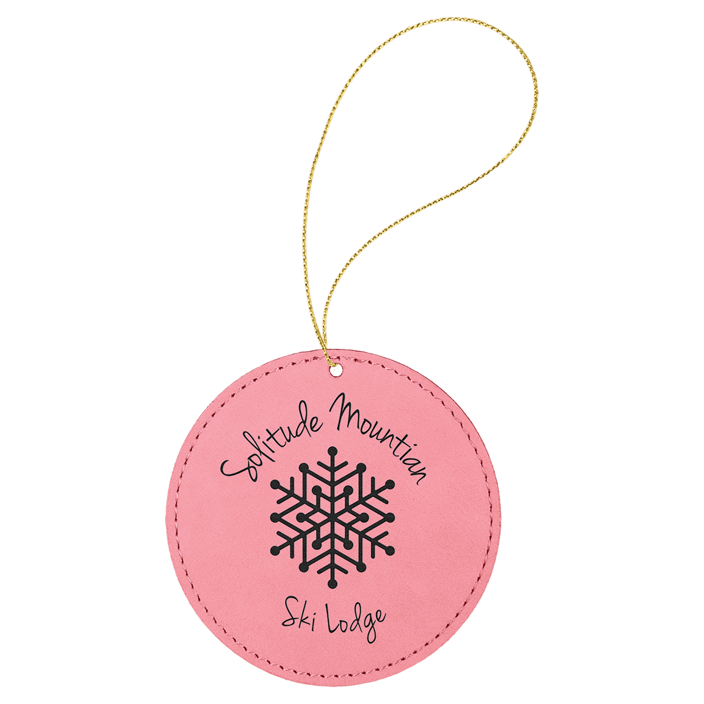 Pink Laserable Leatherette Round Ornament with Gold String (Sold by Case of 25)