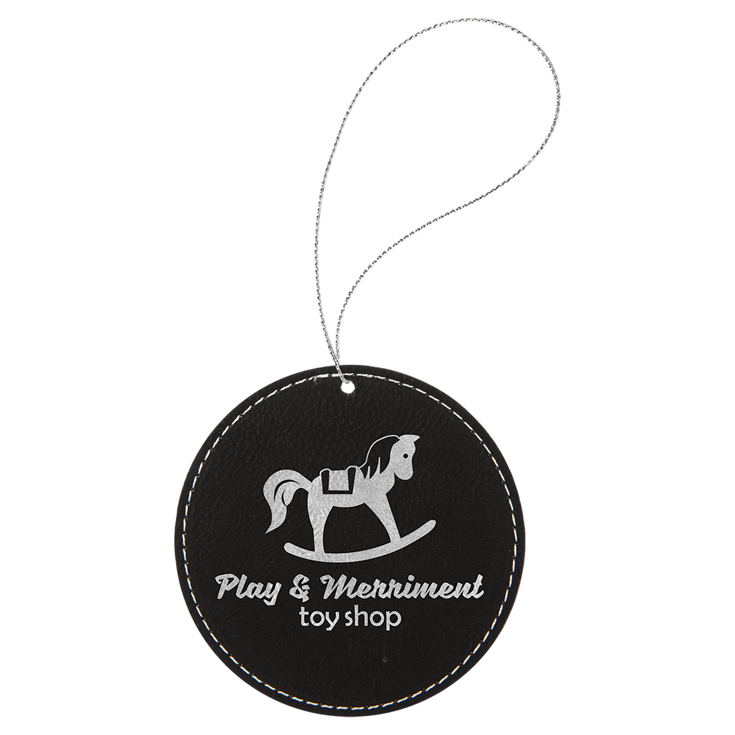 Black/Silver Laserable Leatherette Round Ornament with Silver String (Sold by Case of 25)