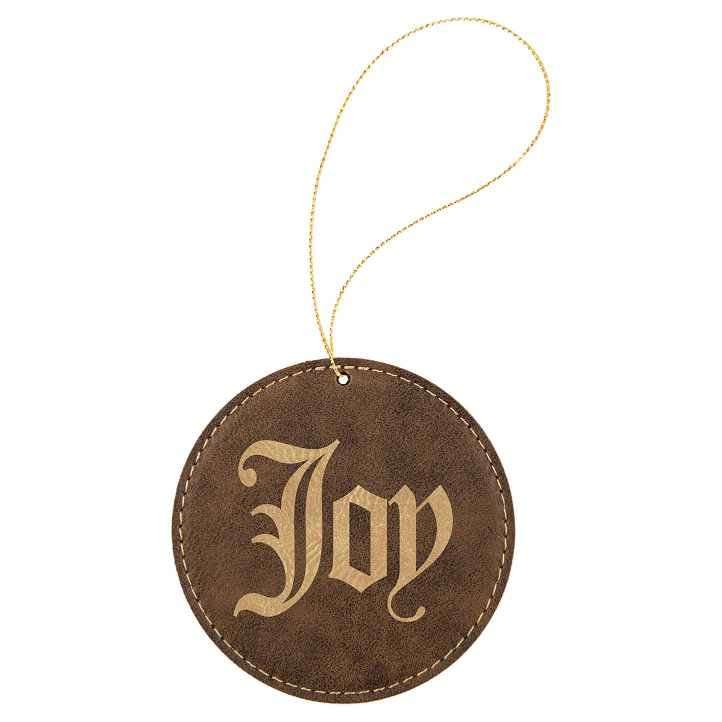 Rustic/Gold Laserable Leatherette Round Ornament with Gold String (Sold by Case of 25)