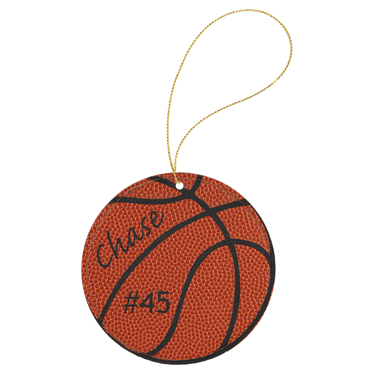 Basketball Laserable Leatherette Round Ornament with Gold String (Sold by Case of 25)