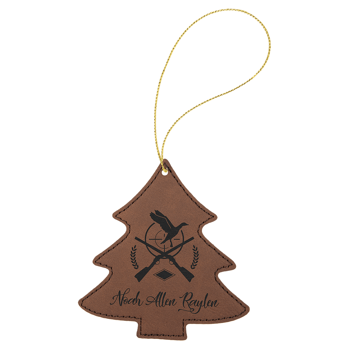 Dark Brown Laserable Leatherette Tree Ornament with Gold String (Sold by Case of 25)