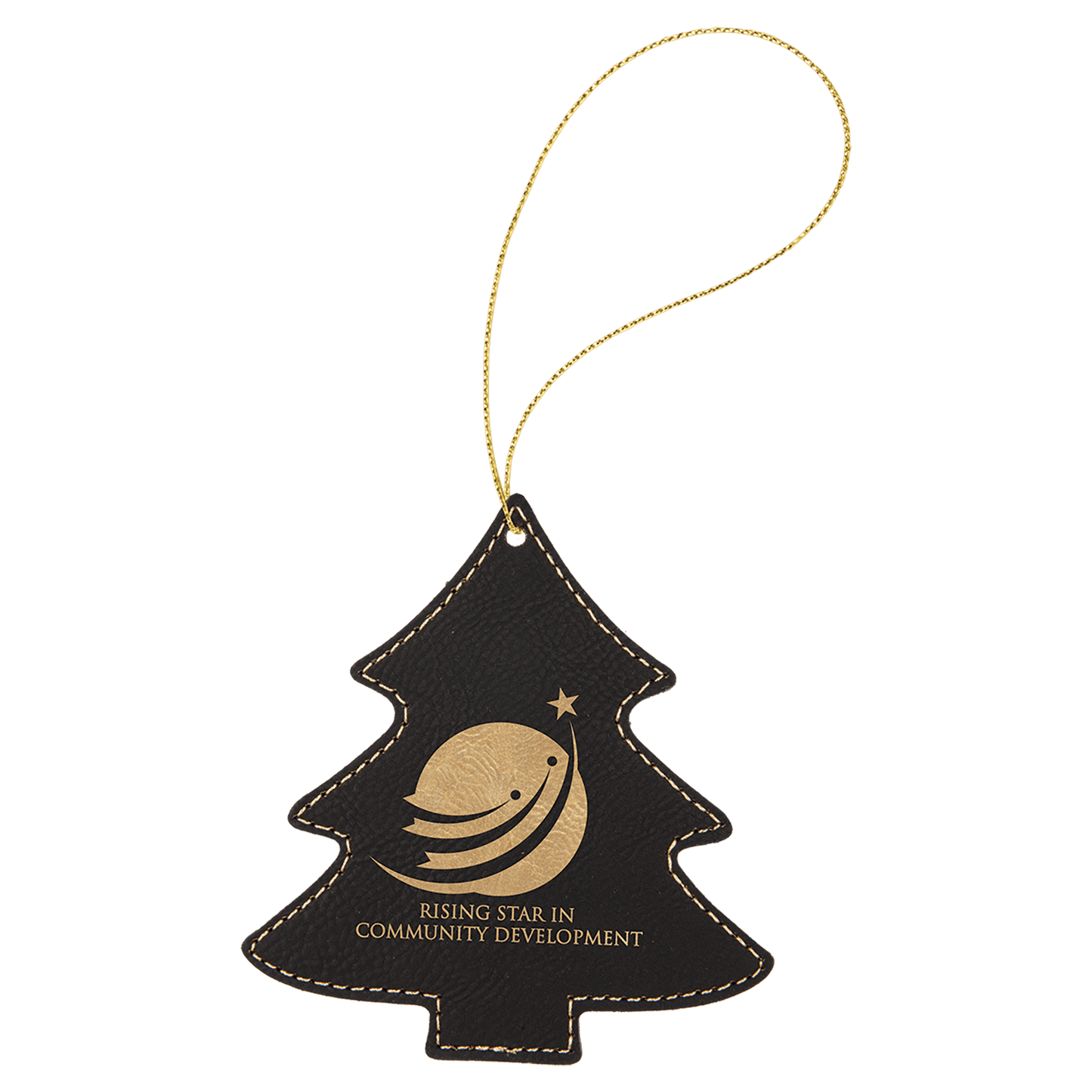 Black/Gold Laserable Leatherette Tree Ornament with Gold String (Sold by Case of 25)