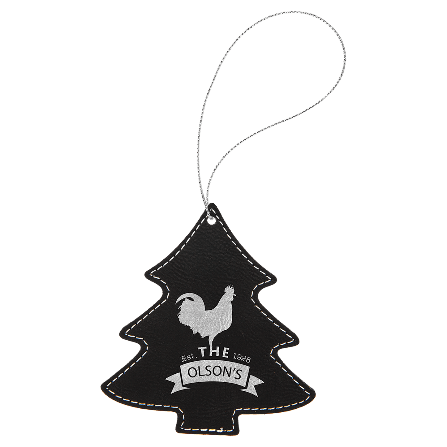 Black/Silver Laserable Leatherette Tree Ornament with Silver String (Sold by Case of 25)