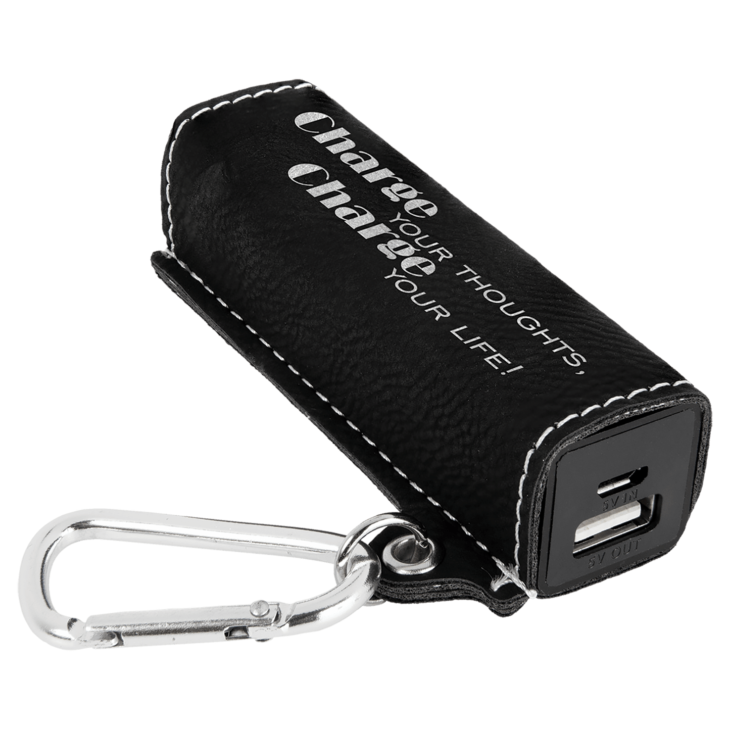 Black/Silver Laserable Leatherette 2200 mAh Power Bank with USB Cord (Sold by Case of 6)