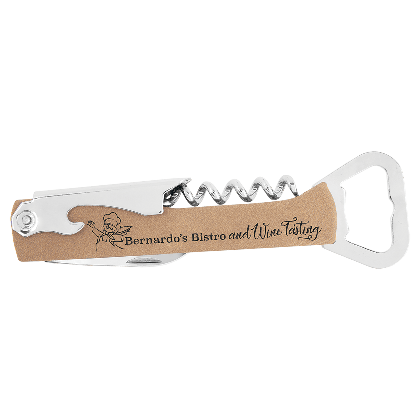 Light Brown Laserable Leatherette Wine Bottle Opener (Sold by Case of 12)