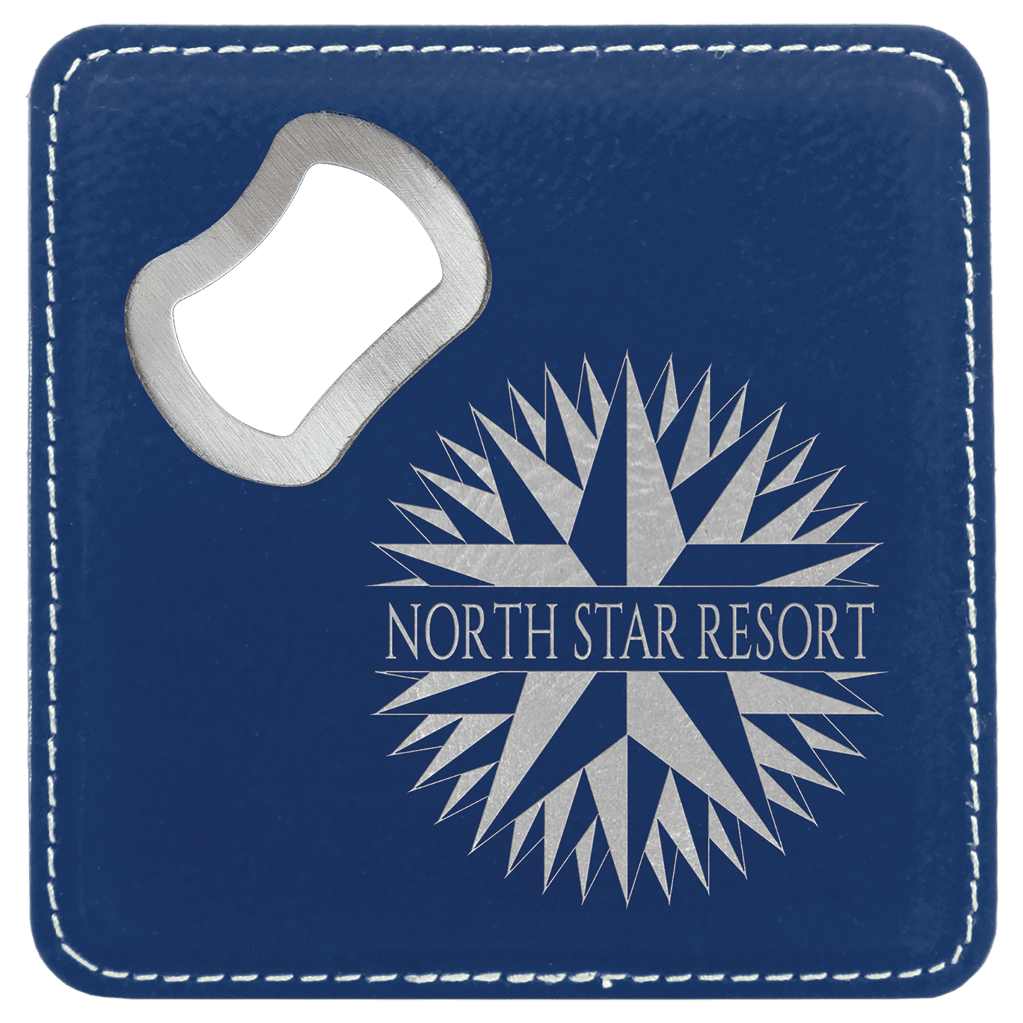 4" x 4" Square Blue/Silver Laserable Leatherette Coaster with Bottle Opener (Sold by Case of 6)