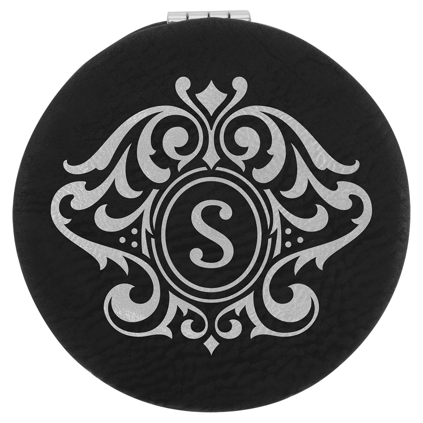 2 1/2" Black/Silver Laserable Leatherette Compact Mirror (Sold by Case of 10)