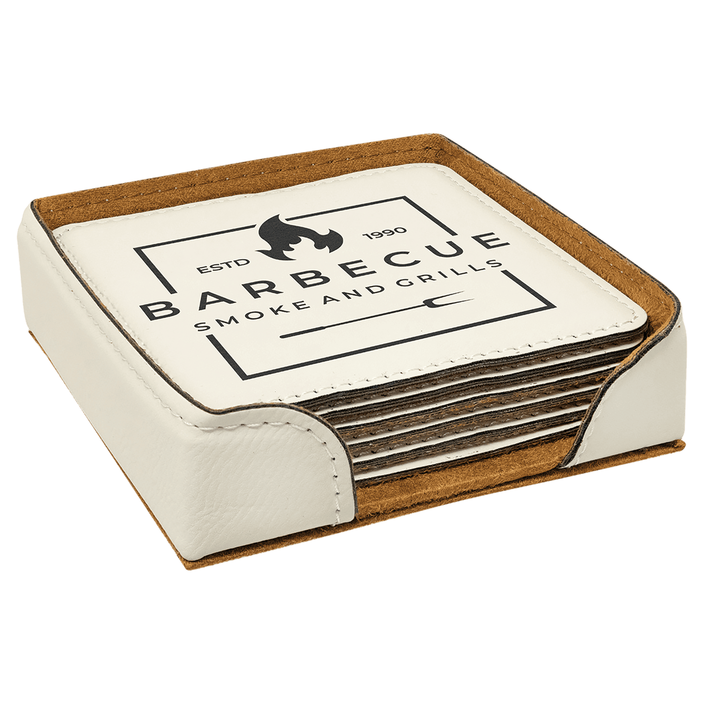 4" x 4" White Square Laserable Leatherette 6-Coaster Set (Sold by Case of 4)