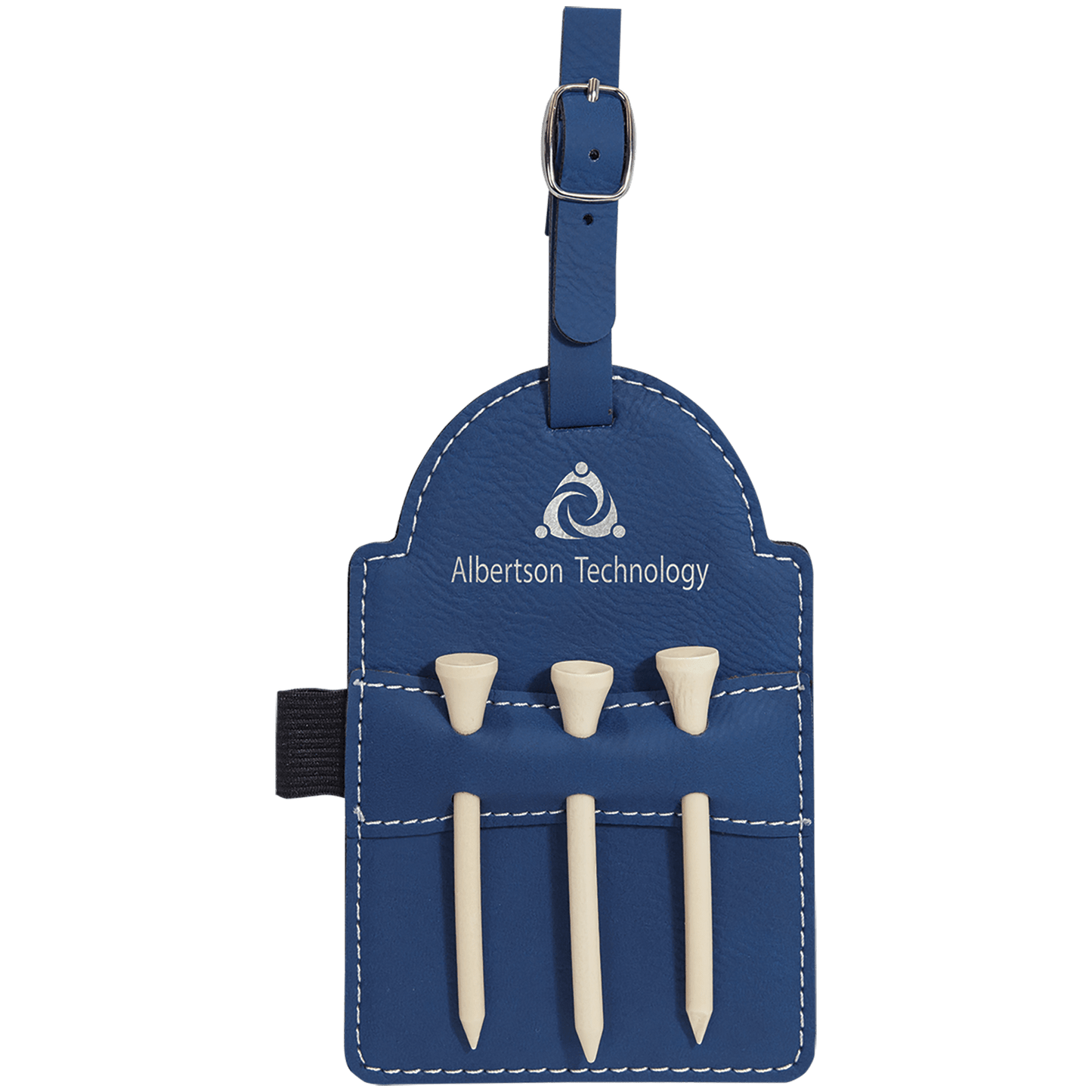 5" x 3 1/4" Blue/Silver Laserable Leatherette Golf Bag Tag with 3 Wooden Tees (Sold by Case of 10)