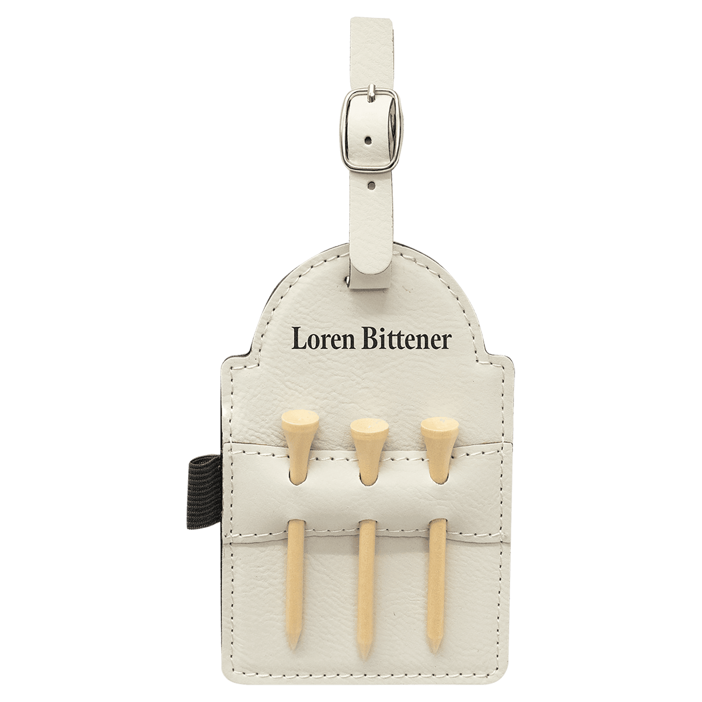 5" x 3 1/4" White Laserable Leatherette Golf Bag Tag with 3 Wooden Tees (Sold by Case of 10)