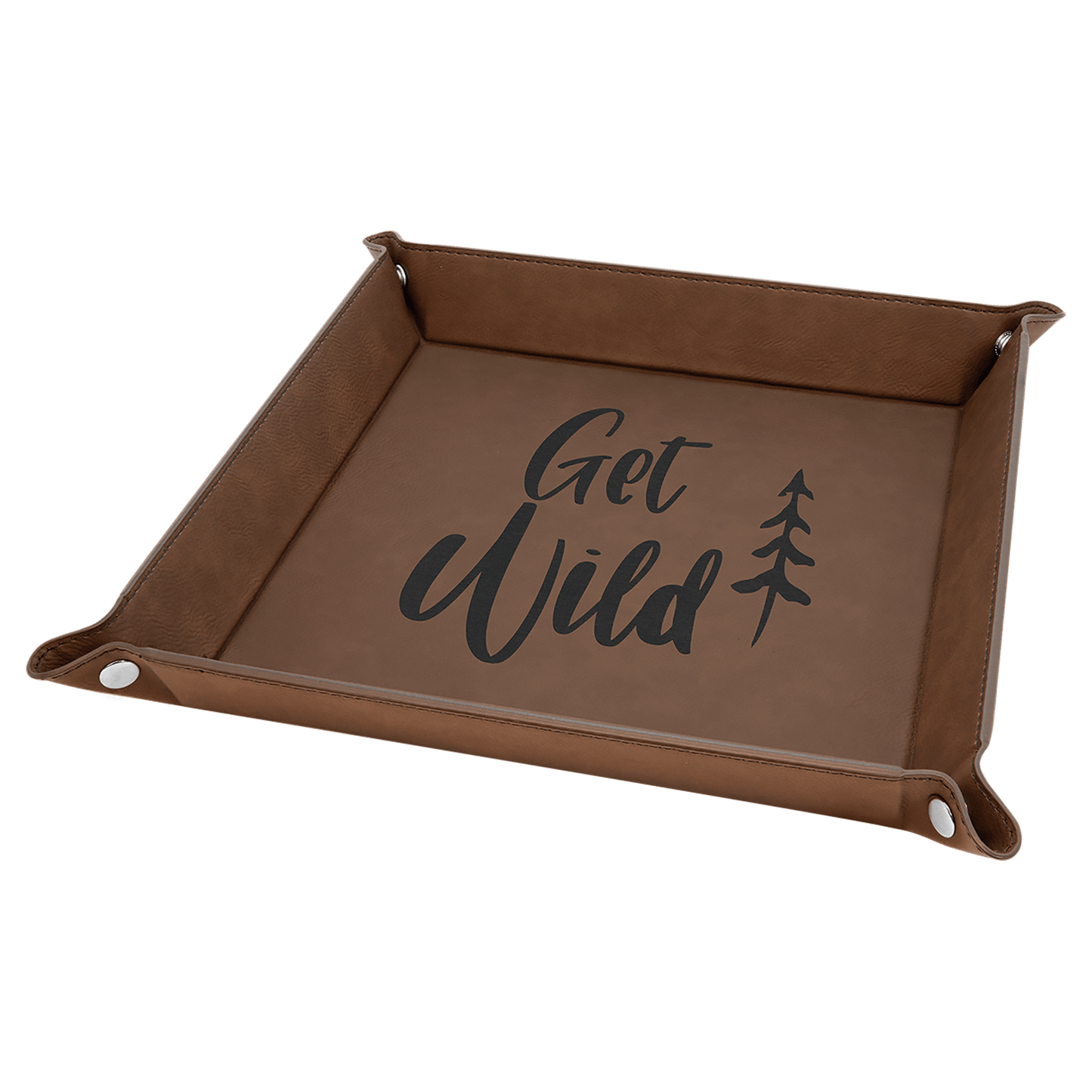 9" x 9" Dark Brown Laserable Leatherette Snap Up Tray with Silver Snaps (Sold by Case of 6)