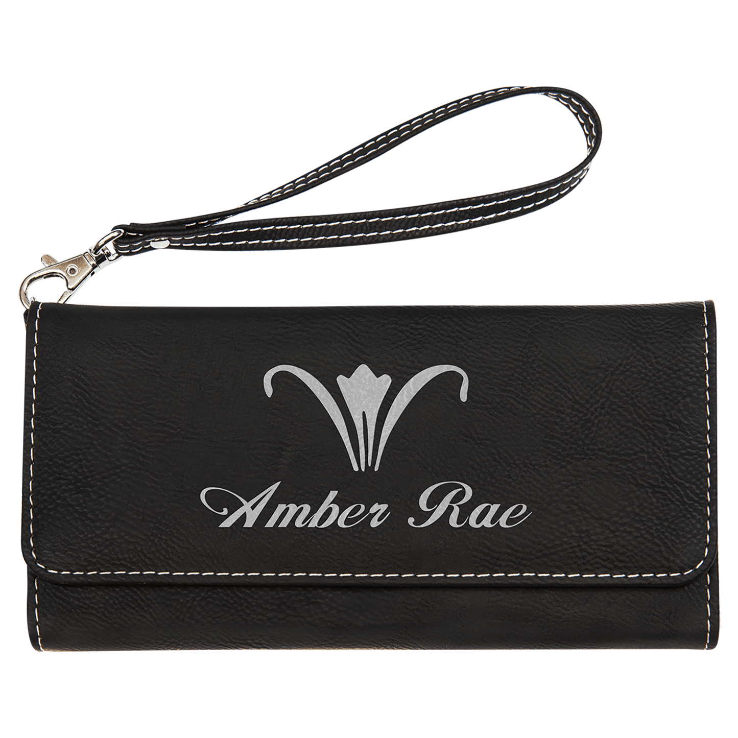 7 1/2" x 4" Black/Silver Laserable Leatherette Wallet with Strap (Sold by Case of 6)