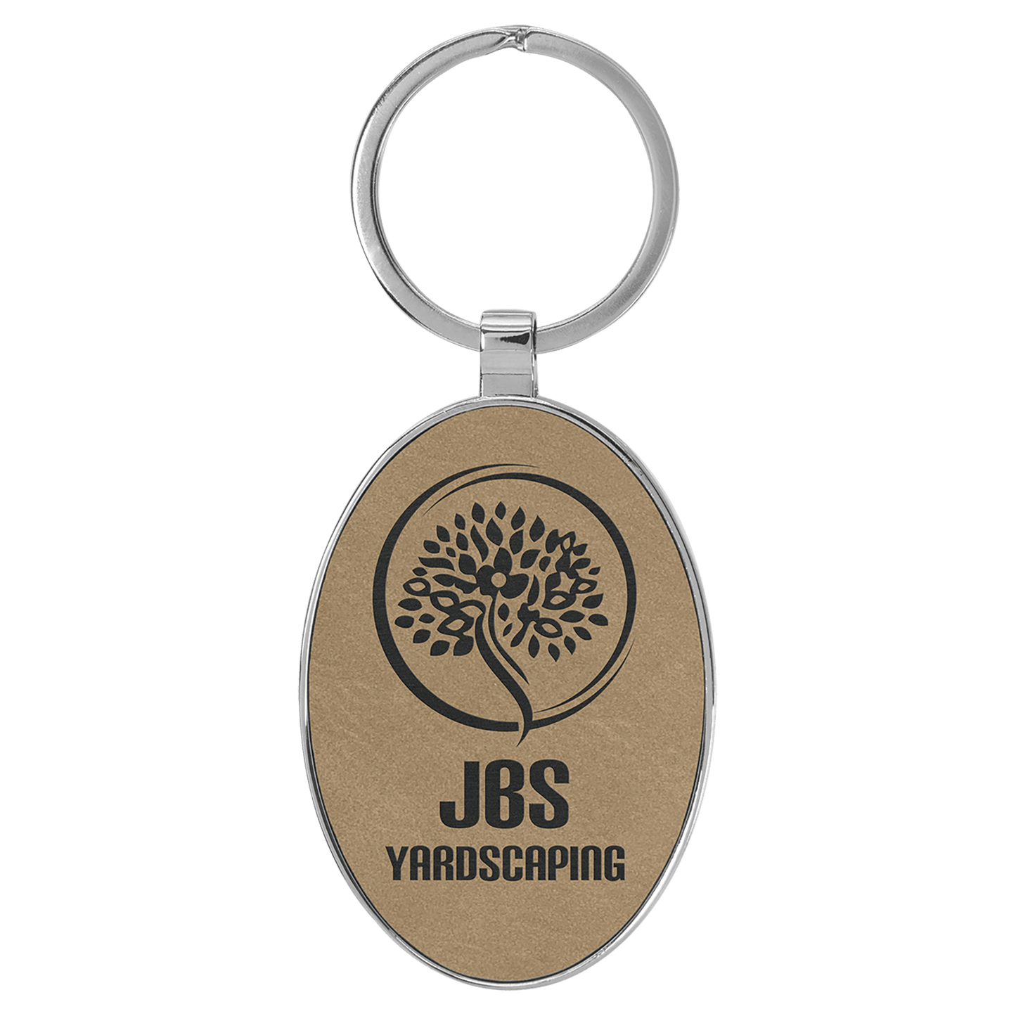 3" x 1 3/4" Laserable Leatherette/Metal Light Brown Oval Keychain (Sold by Case of 50)