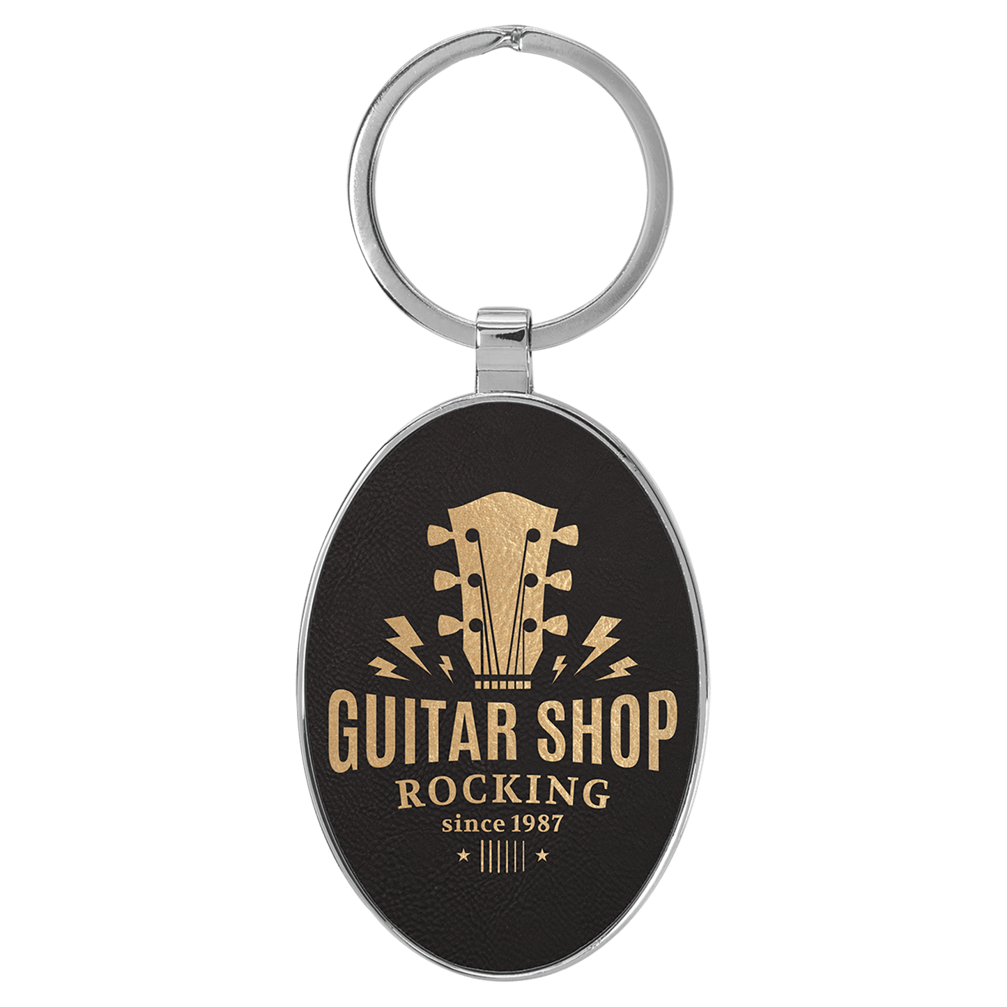 3" x 1 3/4" Laserable Leatherette/Metal Black/Gold Oval Keychain (Sold by Case of 50)