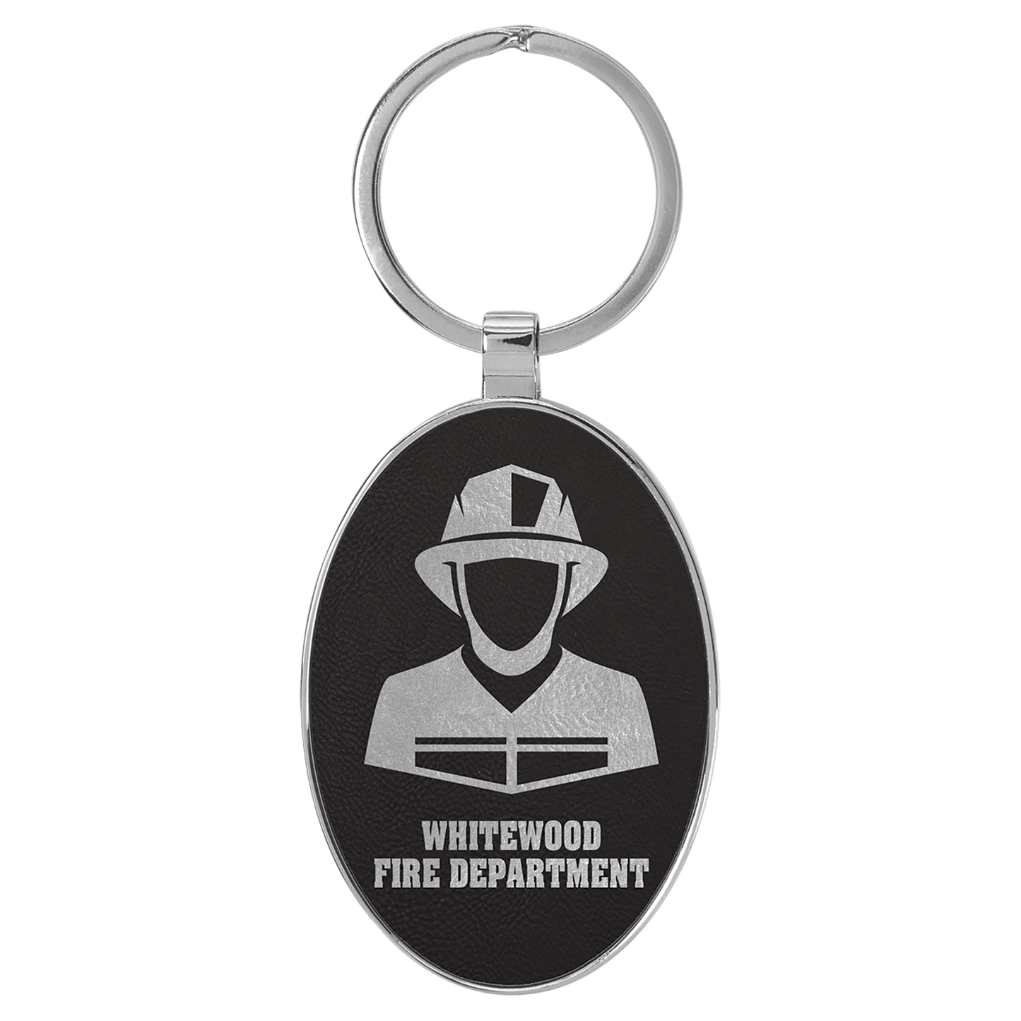 3" x 1 3/4" Laserable Leatherette/Metal Black/Silver Oval Keychain (Sold by Case of 50)
