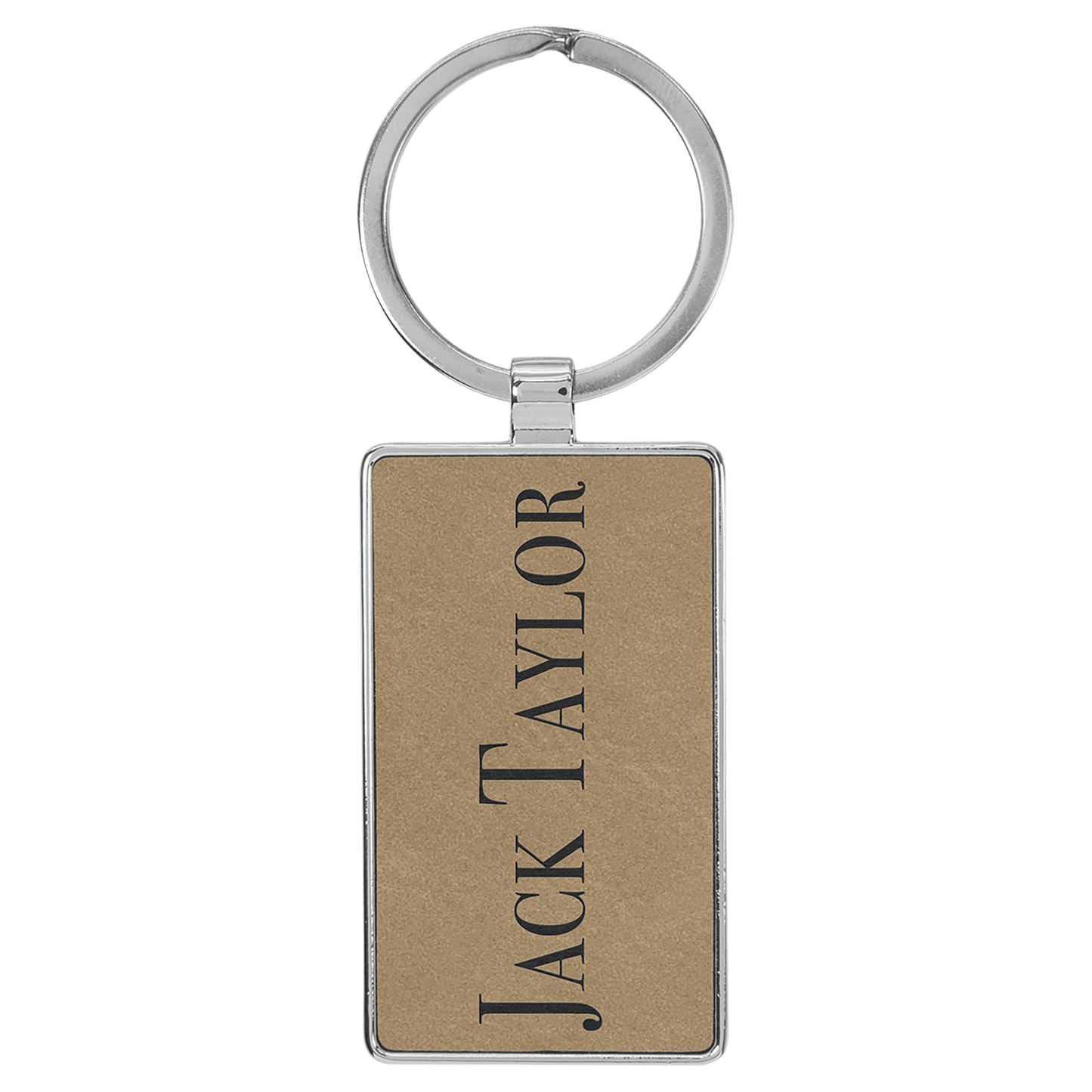 2 3/4" x 1 1/4" Laserable Leatherette/Metal Light Brown Rectangle Keychain (Sold by Case of 50)