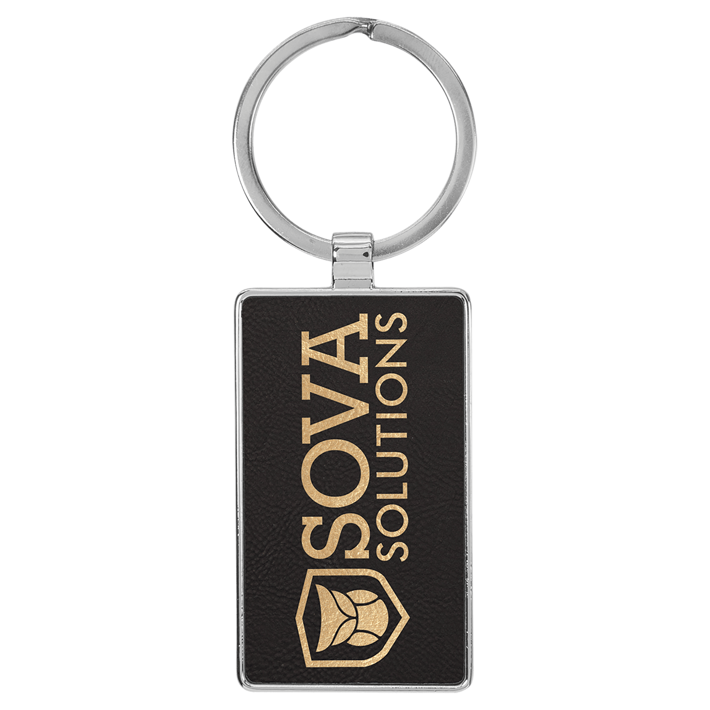 2 3/4" x 1 1/4" Laserable Leatherette/Metal Black/Gold Rectangle Keychain (Sold by Case of 50)