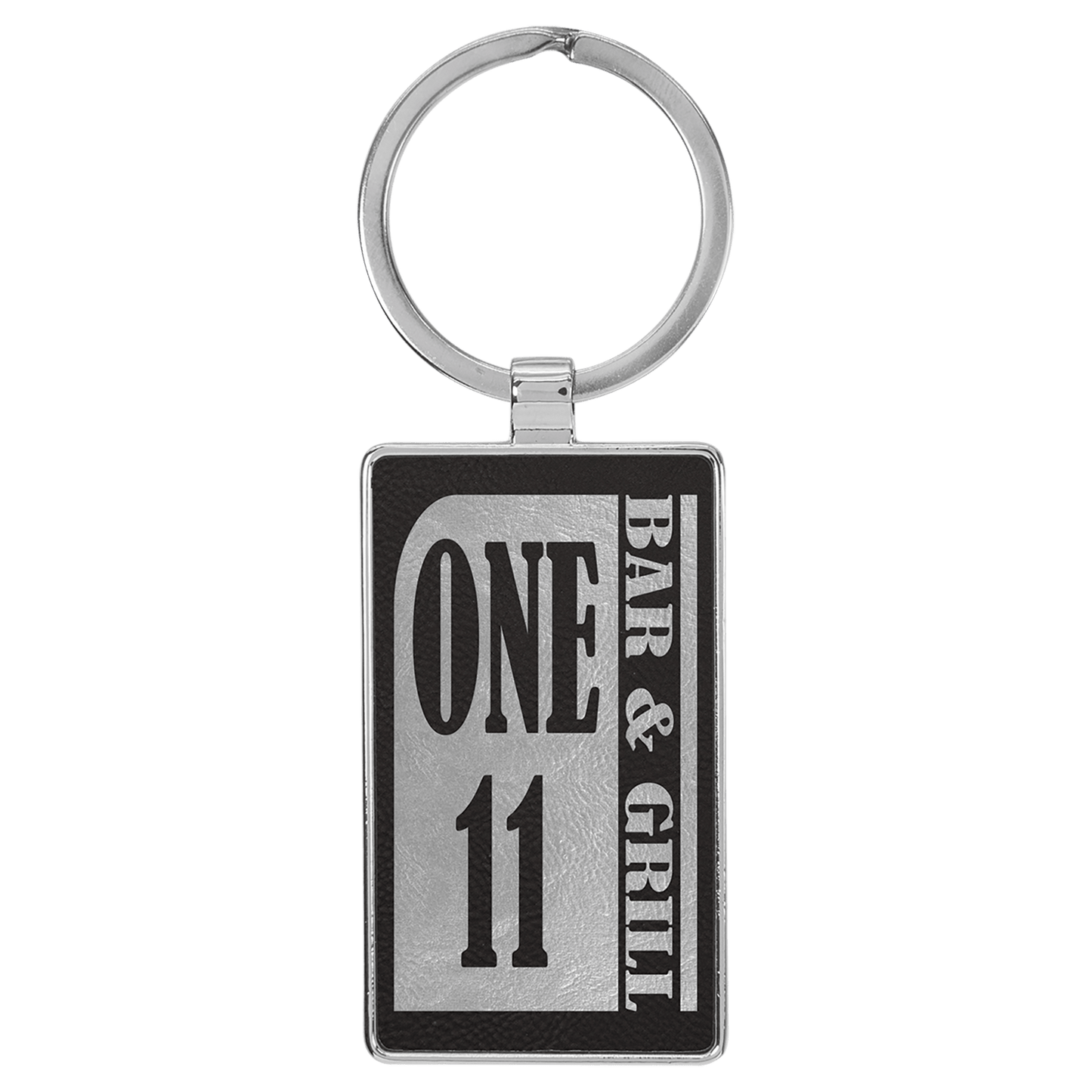 2 3/4" x 1 1/4" Laserable Leatherette/Metal Black/Silver Rectangle Keychain (Sold by Case of 50)