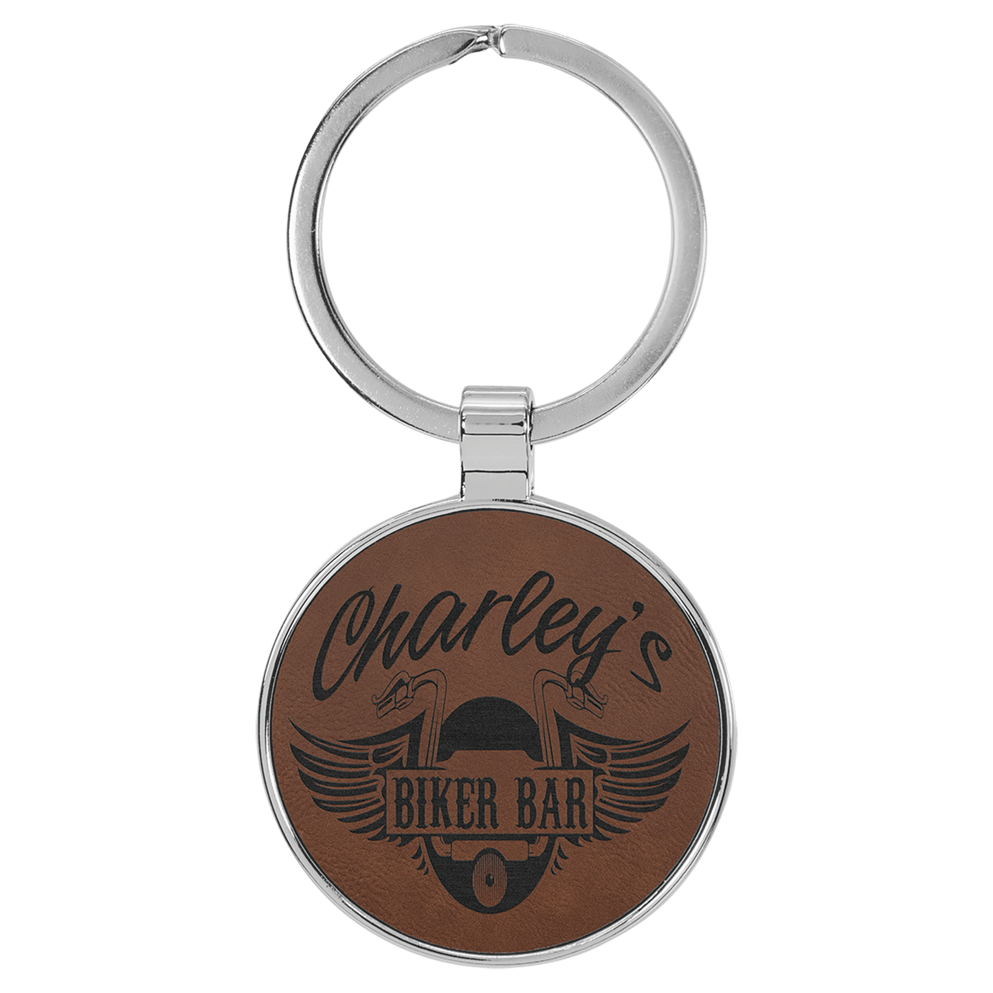 1 1/2" Laserable Leatherette/Metal Dark Brown Round Keychain (Sold by Case of 50)