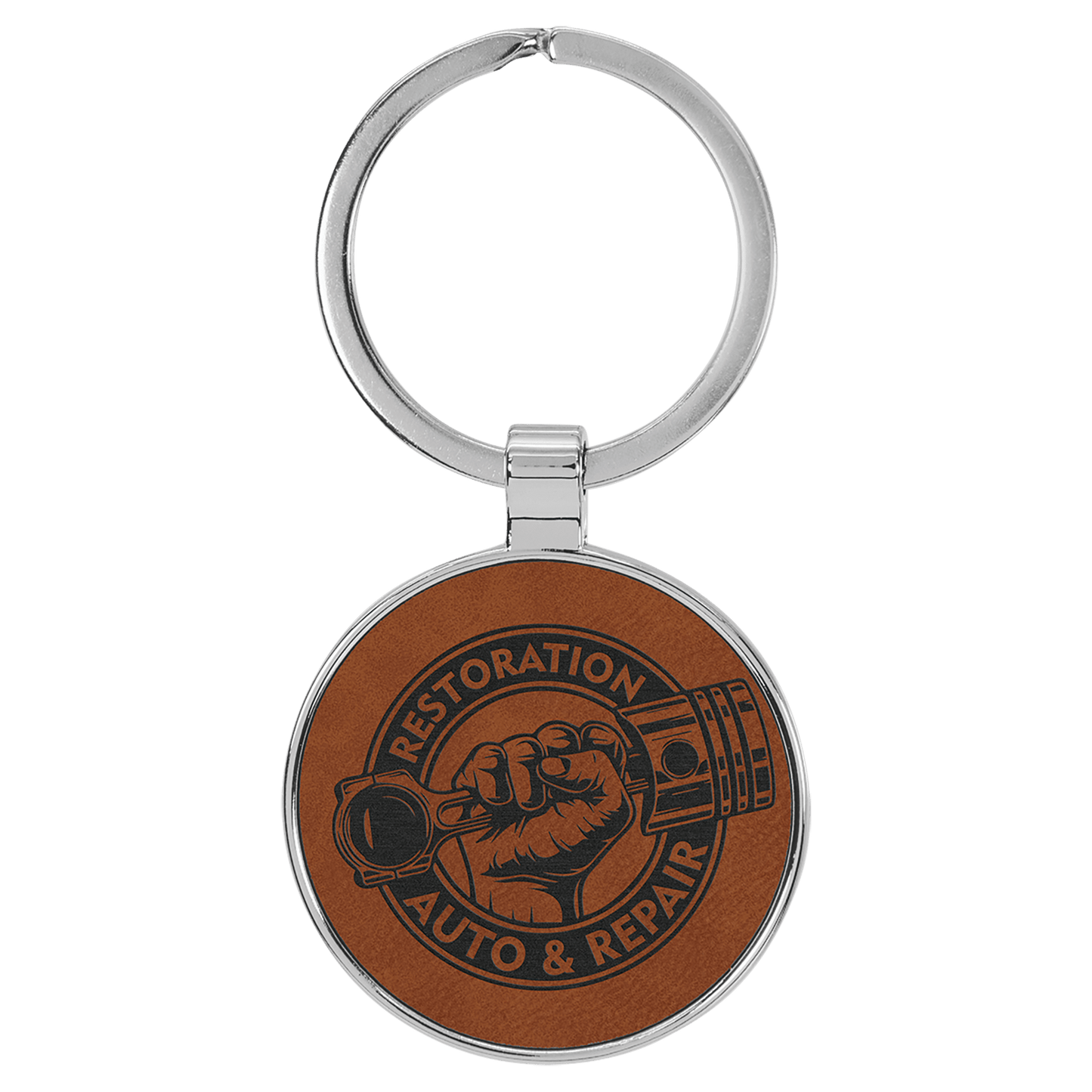 1 1/2" Laserable Leatherette/Metal Rawhide Round Keychain (Sold by Case of 50)