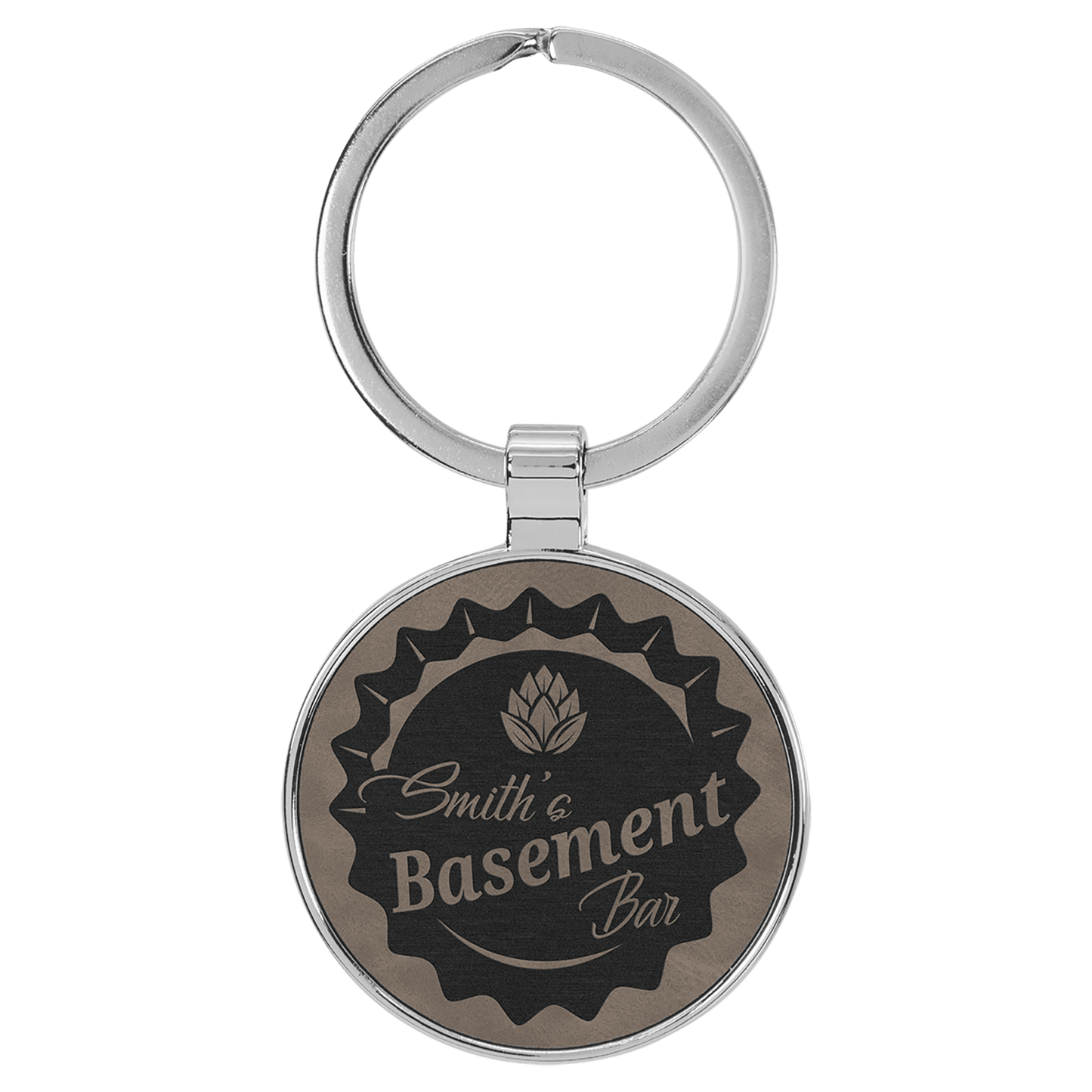 1 1/2" Laserable Leatherette/Metal Gray Round Keychain (Sold by Case of 50)